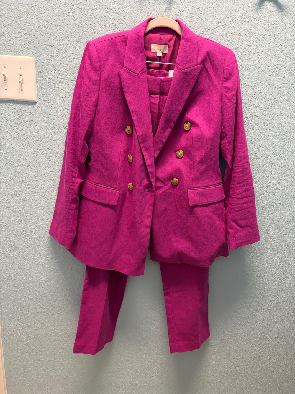 LOFT Fuchsia Double-Breasted Blazer and Riviera Slim Pants